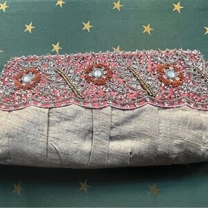 Lord & Taylor Pink and Silver Floral Beaded Clutch